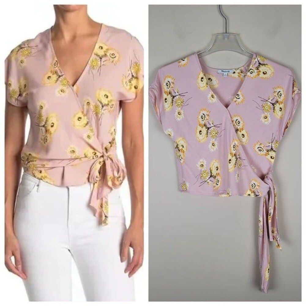 Madewell Size S Floral Wrap Blouse Short Sleeve Viscose Crop Top Pink Yellow